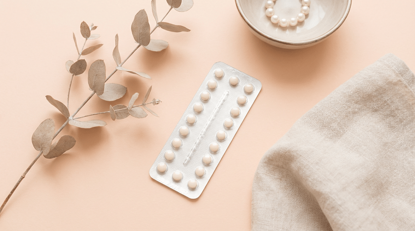 Plaquette de pilule contraceptive posée sur un fond clair, illustrant la contraception hormonale féminine.