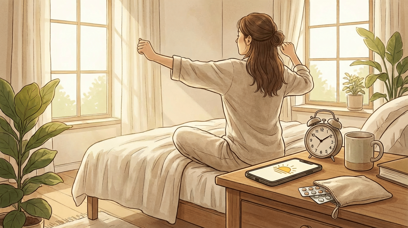 Pilule contraceptive intégrée à une routine quotidienne avec téléphone et réveil.