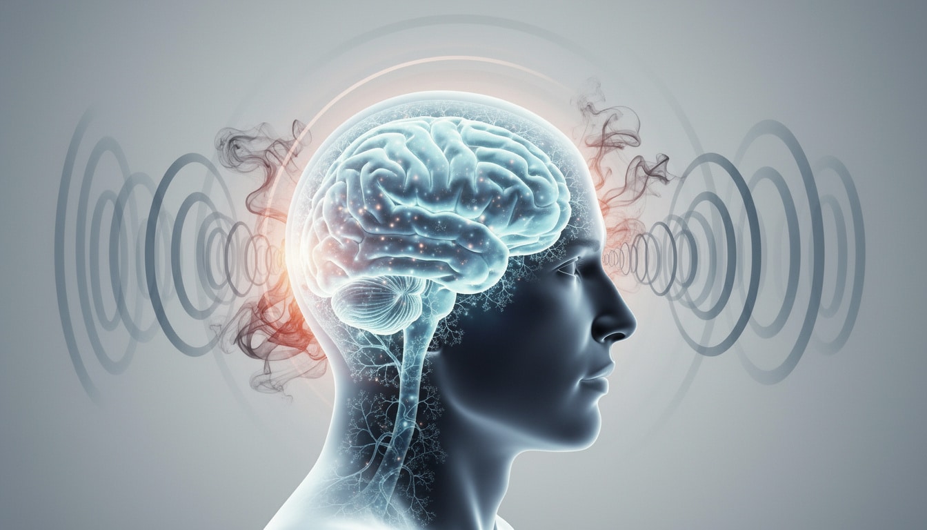 Illustration d’un cerveau en suractivité avec ondes sonores autour de la tête, symbolisant les acouphènes amplifiés par le stress.