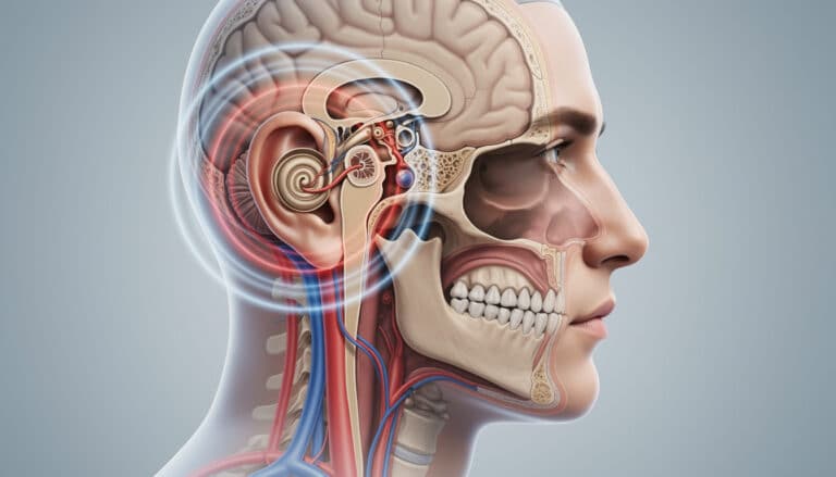Schéma anatomique de profil montrant l’oreille interne, le cerveau et les principaux vaisseaux sanguins impliqués dans les acouphènes pulsatiles.
