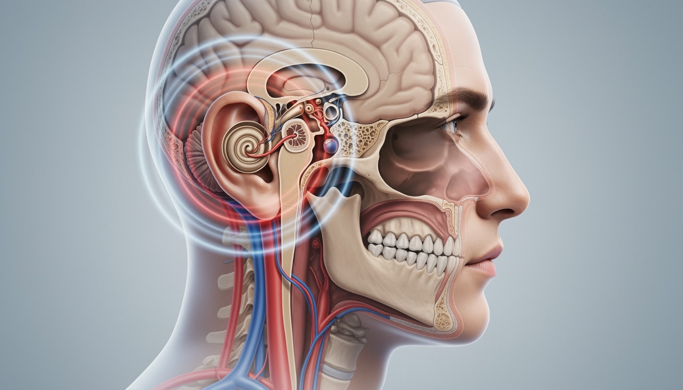 Schéma anatomique de profil montrant l’oreille interne, le cerveau et les principaux vaisseaux sanguins impliqués dans les acouphènes pulsatiles.