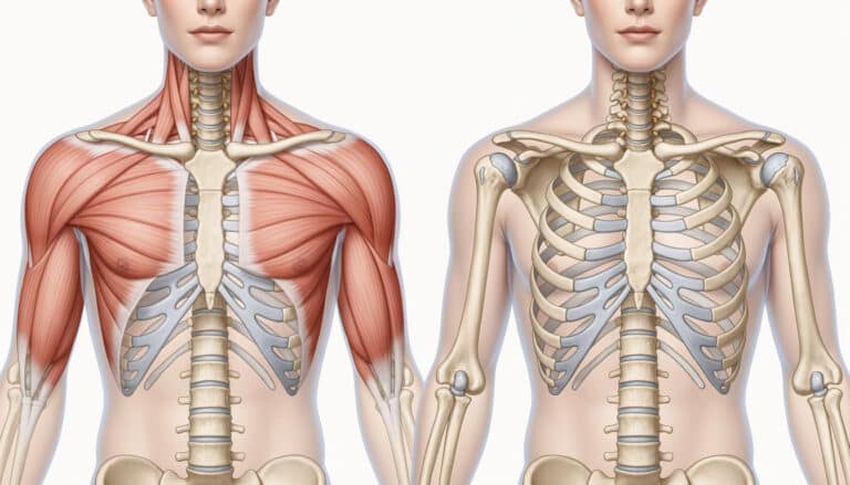 Schéma anatomique comparatif montrant les clavicules, le sternum, les côtes et les épaules, avec et sans représentation musculaire.