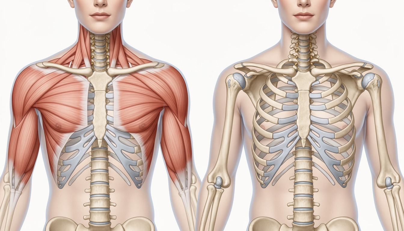 Schéma anatomique comparatif montrant les clavicules, le sternum, les côtes et les épaules, avec et sans représentation musculaire.