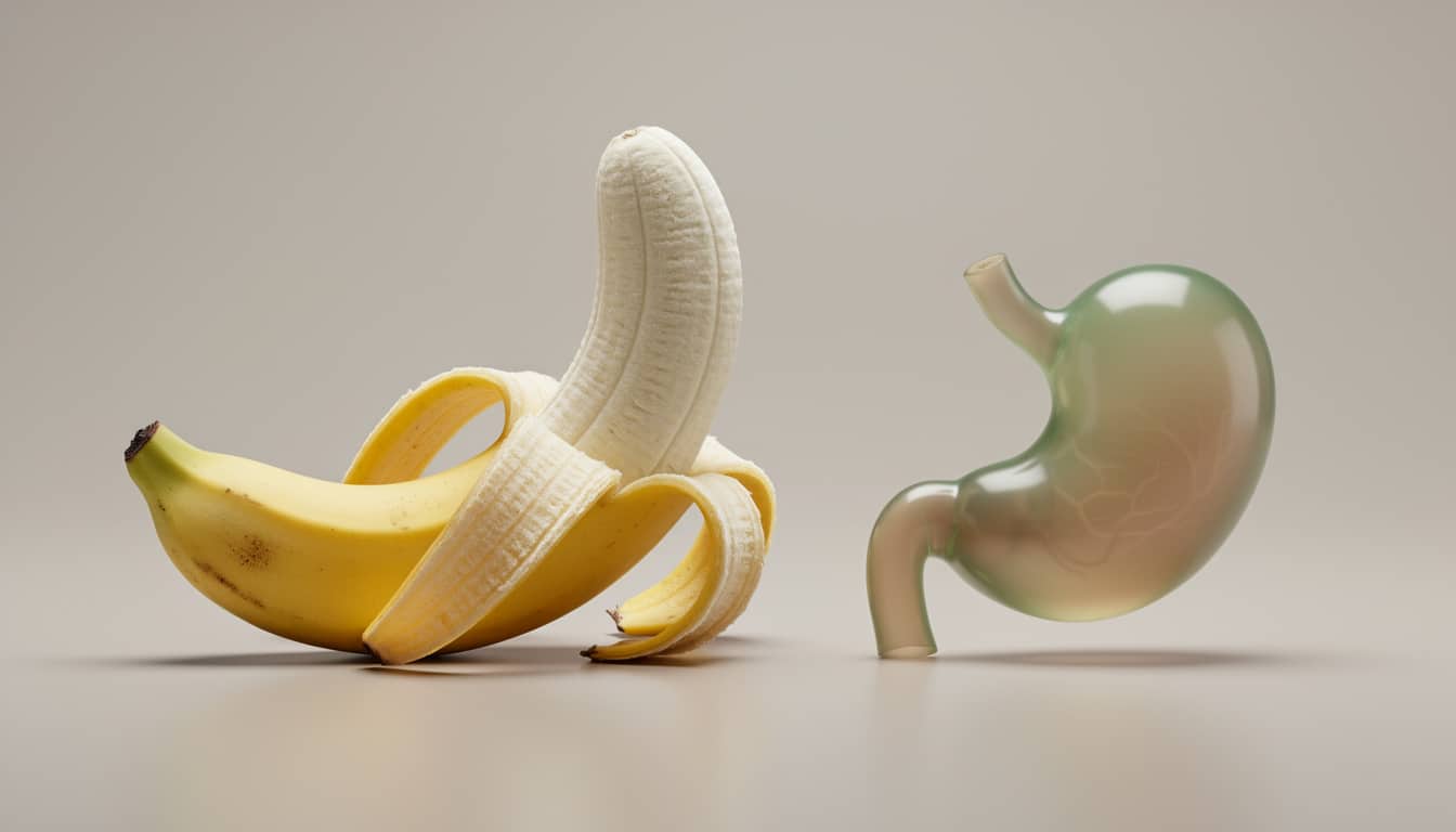 Banane mûre à moitié épluchée à côté d’une illustration stylisée d’une vésicule biliaire sur fond neutre