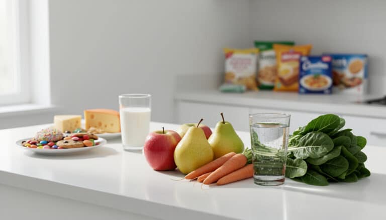 Comparaison d’aliments favorisant le caséum (fromage, lait, biscuits sucrés) et d’options plus favorables comme fruits, légumes, épinards et eau.
