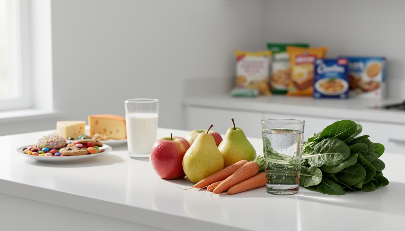 Comparaison d’aliments favorisant le caséum (fromage, lait, biscuits sucrés) et d’options plus favorables comme fruits, légumes, épinards et eau.