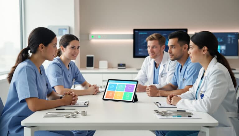 Équipe de soignants réunie autour d’une tablette affichant un outil de planification numérique dans un établissement de santé.