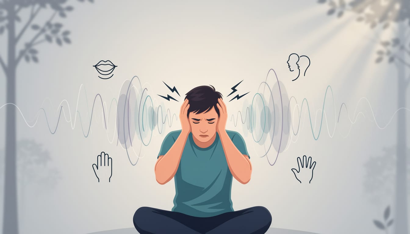 Illustration d’une personne se tenant la tête, entourée d’ondes sonores symbolisant des bruits déclencheurs liés à la misophonie.