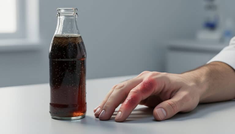 Bouteille de soda sombre posée à côté d’une main présentant une articulation rouge et enflammée, évoquant une crise de goutte.
