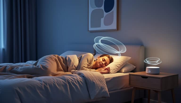 Femme dormant dans une chambre sombre avec un diffuseur de bruit blanc sur la table de chevet pour atténuer les acouphènes.