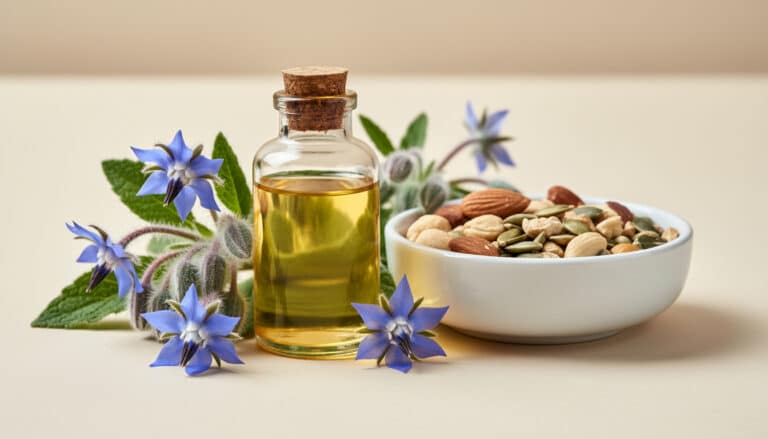 Flacon d’huile de bourrache entouré de fleurs bleues et bol d’oléagineux sur fond clair.