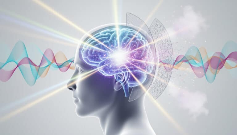 Illustration conceptuelle d’un cerveau recevant de multiples stimuli lumineux et sonores symbolisés par des ondes colorées.