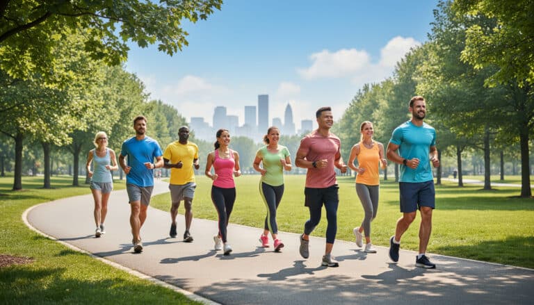 Groupe d’adultes pratiquant la marche rapide dans un parc urbain par temps ensoleillé