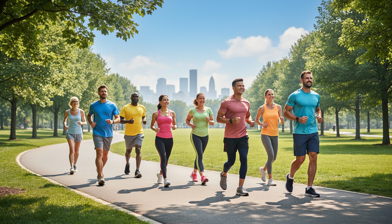 Groupe d’adultes pratiquant la marche rapide dans un parc urbain par temps ensoleillé