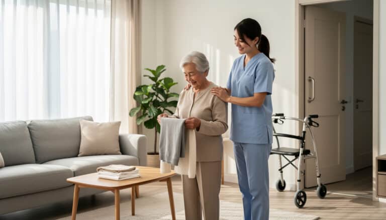Aide-soignante accompagnant une femme âgée à domicile dans un salon lumineux avec déambulateur en arrière-plan.