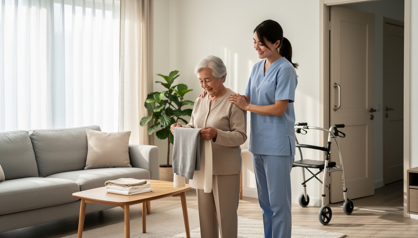 Aide-soignante accompagnant une femme âgée à domicile dans un salon lumineux avec déambulateur en arrière-plan.
