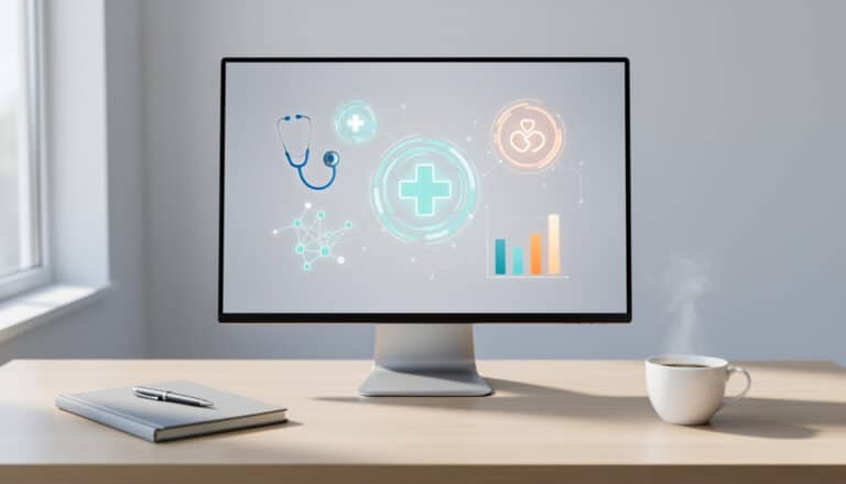 Écran d’ordinateur affichant une interface de santé numérique avec icônes médicales, graphiques et symboles de suivi des soins.