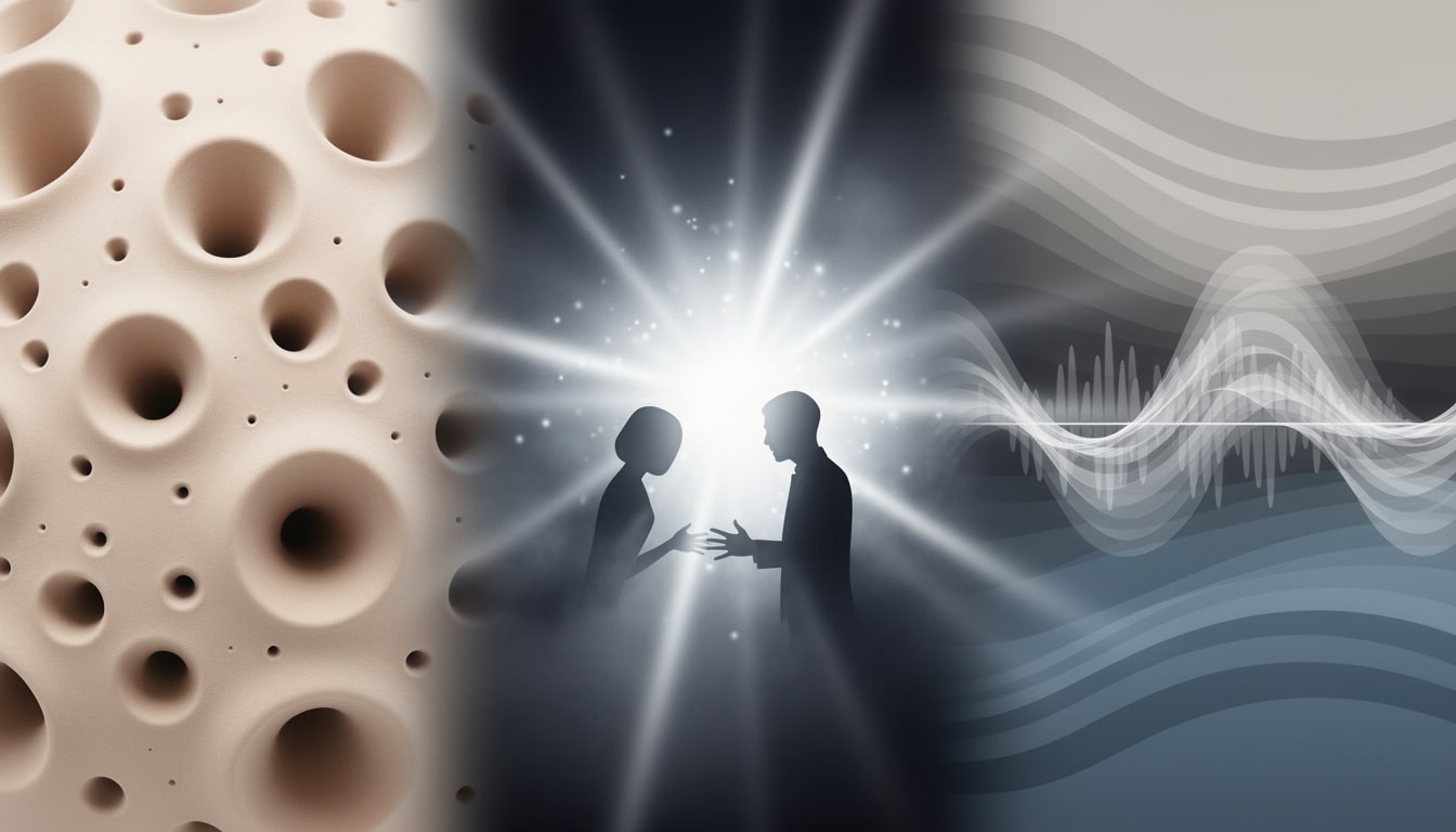 Illustration des hypersensibilités sensorielles : motifs troués (trypophobie), lumière intense (photophobie) et ondes sonores (misophonie).