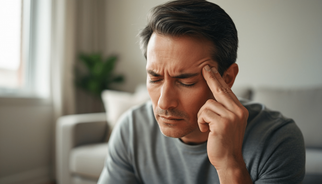 homme-mal-de-tete-tempe-gauche-douleur. Homme assis chez lui, les yeux fermés, tenant sa tempe gauche avec une expression de douleur liée à un mal de tête.