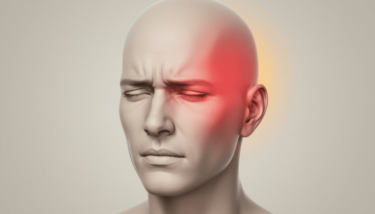 Illustration d’un visage masculin avec une douleur localisée sur la tempe gauche, zone rouge indiquant un mal de tête unilatéral.