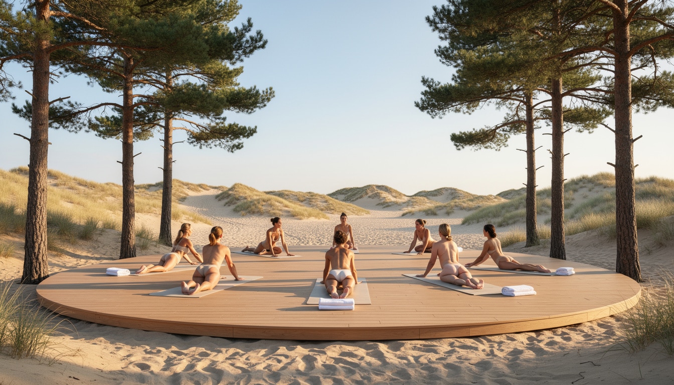 Groupe pratiquant le yoga naturiste sur une plateforme en bois au milieu des dunes, dans un environnement naturel calme.