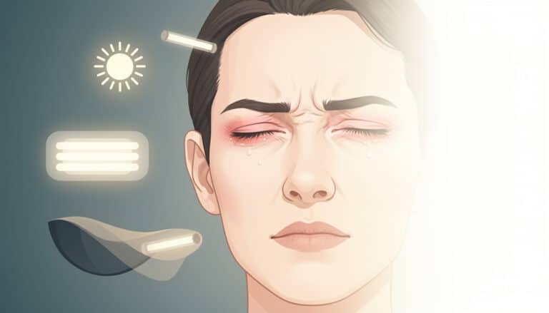 Illustration d’une femme les yeux fermés, rougeur oculaire et larmoiement, entourée de sources lumineuses symbolisant la photophobie.