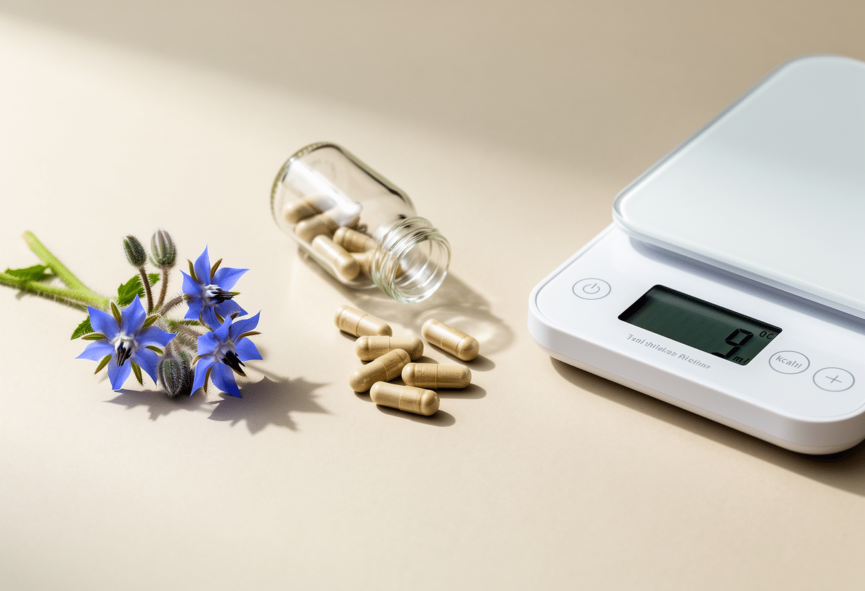 huile-bourrache-prise-de-poids-calories. Huile de bourrache en gélules avec balance affichant 9 kcal et fleur de bourrache en arrière-plan.
