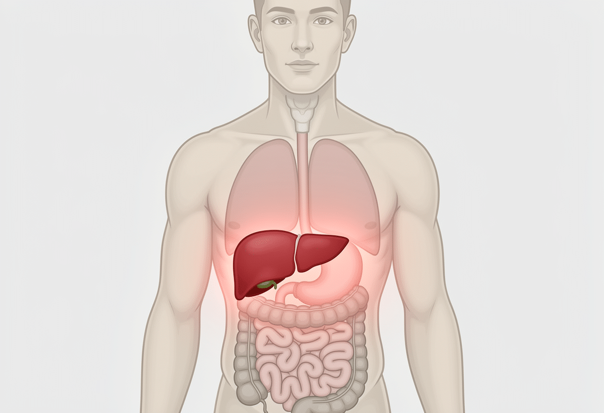 corticoides-alcool-foie-estomac. Illustration anatomique montrant le foie et l’estomac mis en évidence.