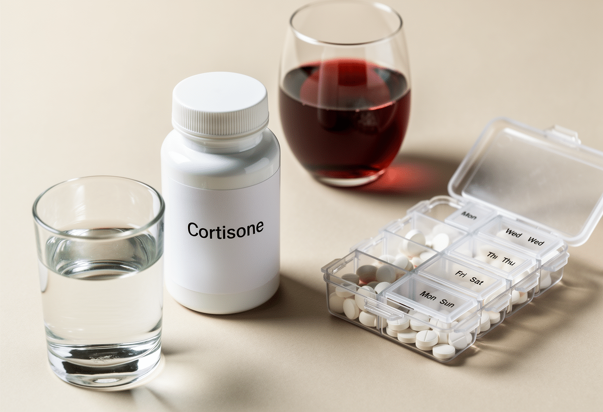 Flacon de corticoïdes posé à côté d’un verre de vin et d’un verre d’eau sur fond neutre.