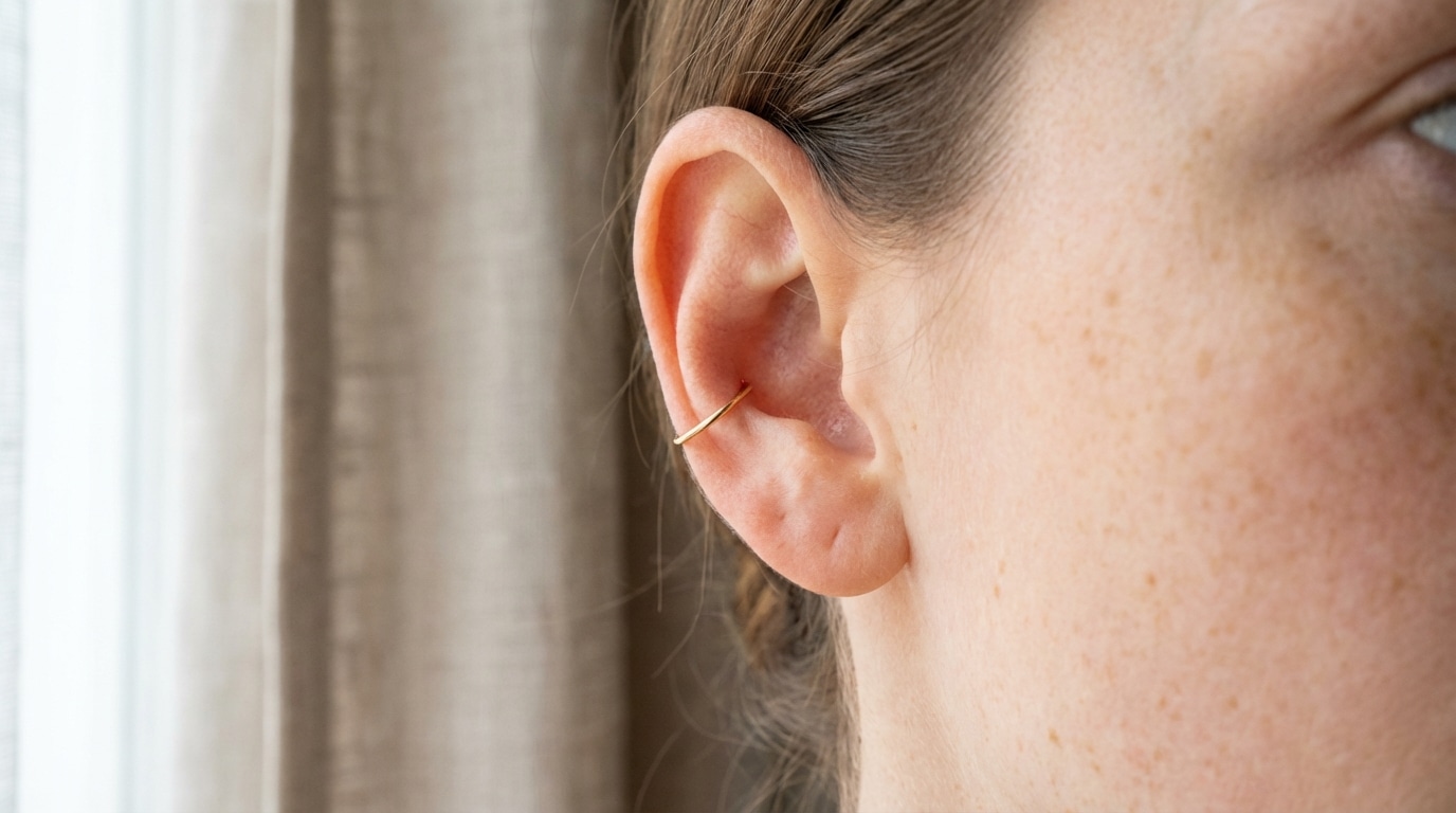 piercing-conch-bienfaits-bien-etre. Piercing conch minimaliste sur une oreille, symbole de bien-être et d’expression personnelle.
