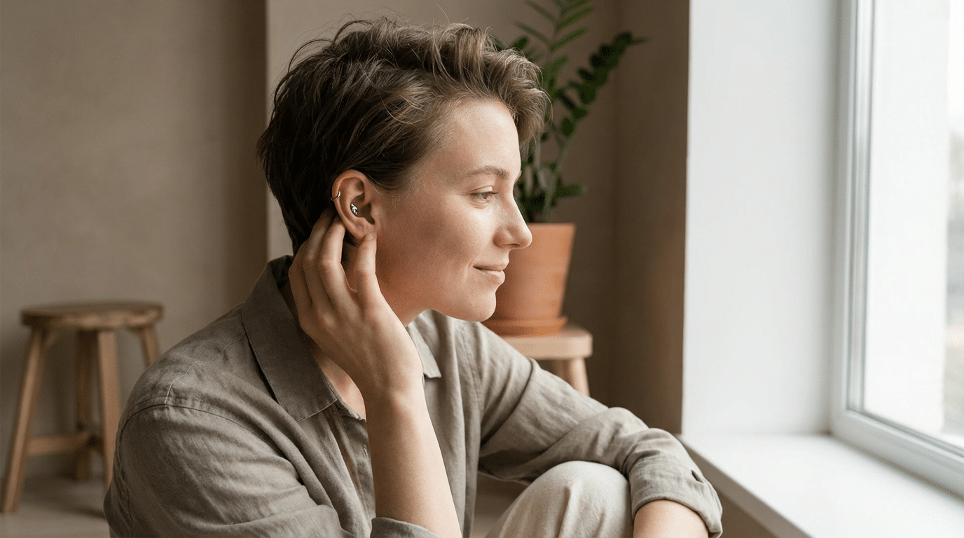 piercing-conch-confiance-soi-bien-etre. Personne portant un piercing conch, évoquant confiance en soi et équilibre émotionnel.