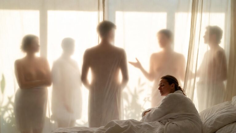 Silhouettes familiales enveloppées de lumière et de voiles translucides dans une ambiance calme et respectueuse, symbolisant l’intimité et le bien-être familial.