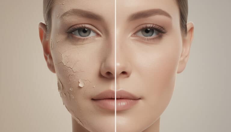 Comparaison visuelle peau sèche vs peau déshydratée : avant/après avec rugosités et désquamation à gauche, peau lisse et hydratée à droite