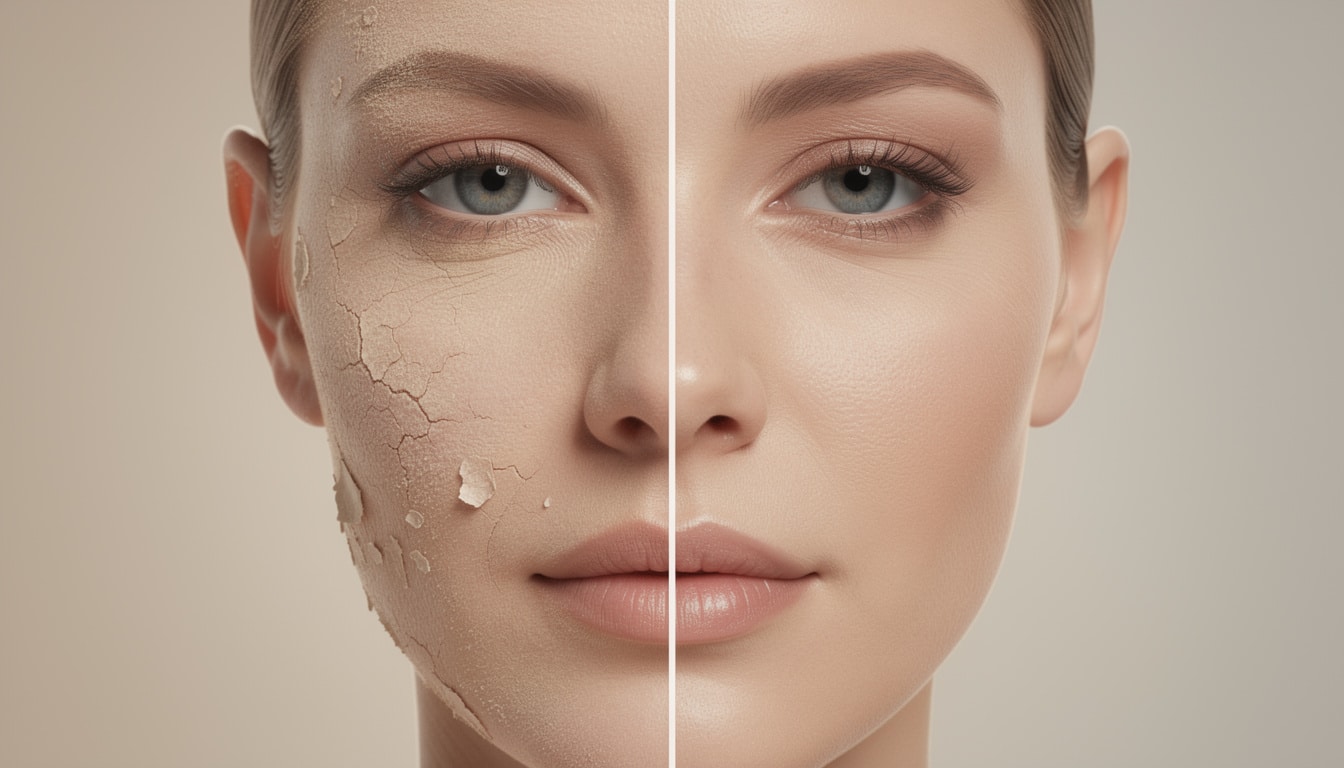 Comparaison visuelle peau sèche vs peau déshydratée : avant/après avec rugosités et désquamation à gauche, peau lisse et hydratée à droite