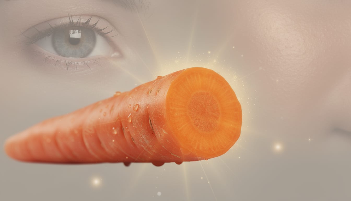 Carotte fraîche tranchée montrant sa chair orange riche en bêta-carotène, avec un œil symbolisant la vision