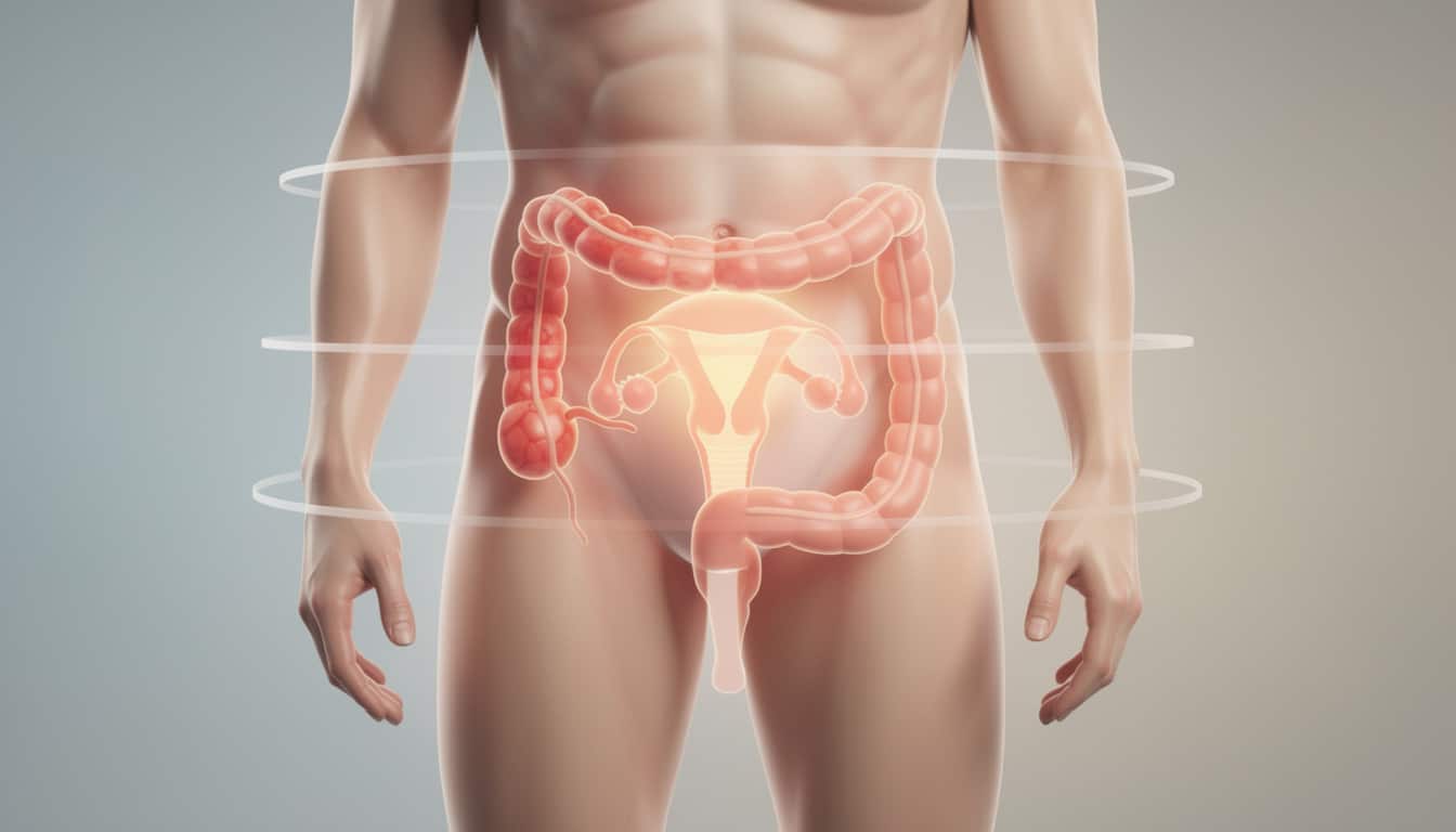 Illustration anatomique du système digestif et reproducteur montrant les causes des douleurs bas ventre