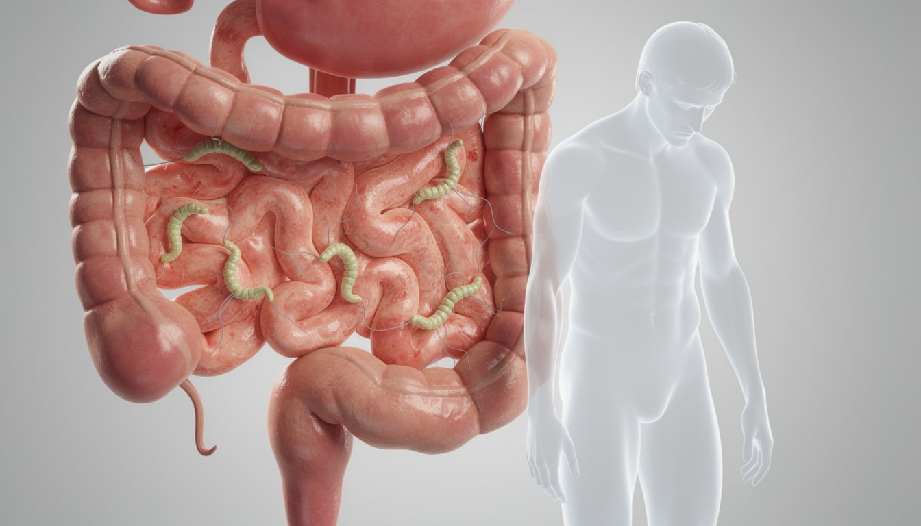 Illustration médicale montrant l'appareil digestif humain avec Helicobacter pylori dans l'estomac, inflammation gastrique