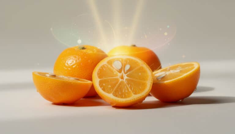 Oranges fraîches coupées en deux montrant la chair juteuse et les segments internes, avec effet de lumière dorée