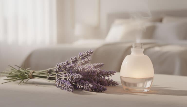 Flacon d'huile essentielle de lavande avec bouquet de fleurs séchées sur table blanche