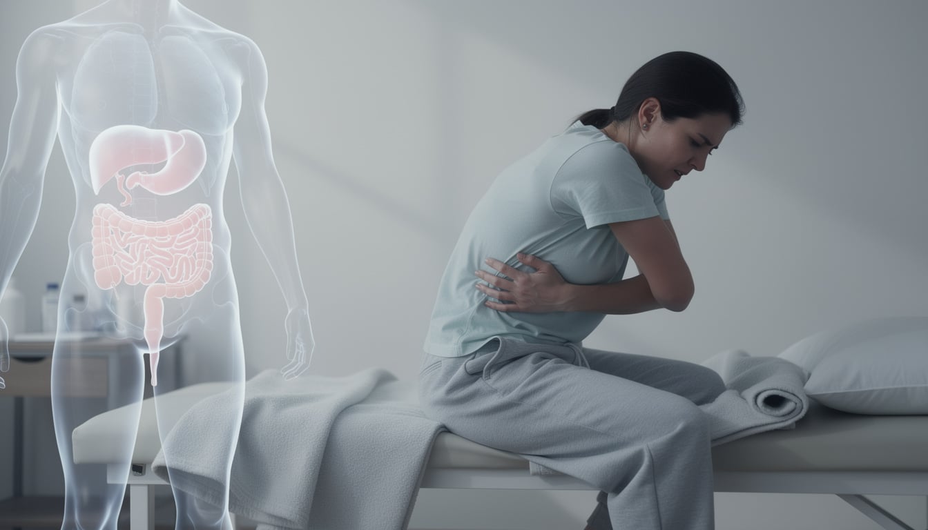 Femme souffrant de douleurs abdominales et lombaires, illustration médicale du système digestif