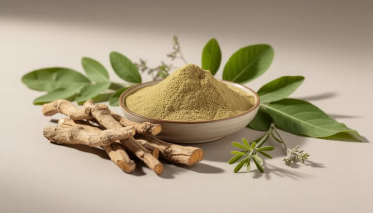 Poudre d'ashwagandha dans un bol avec racine fraîche et feuilles vertes sur fond neutre