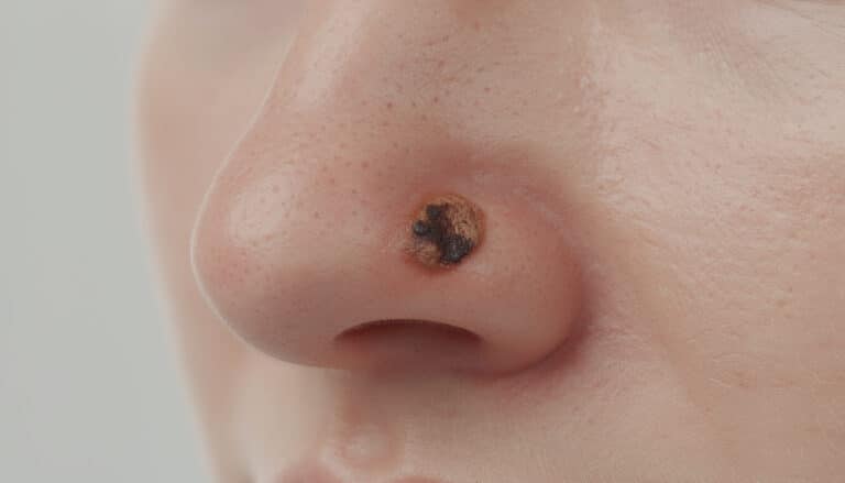 Lésion pigmentée brune-noire sur le nez, exemple de mélanome cutané nécessitant un diagnostic dermatologique