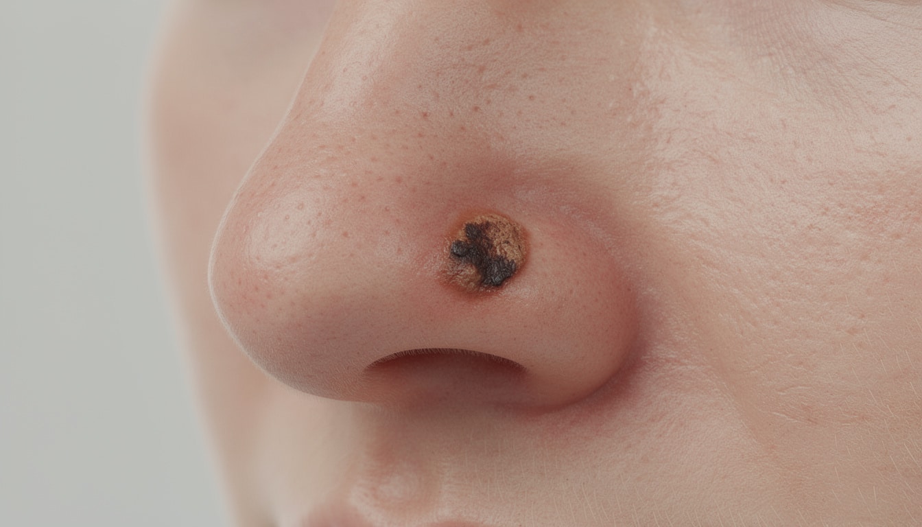 Lésion pigmentée brune-noire sur le nez, exemple de mélanome cutané nécessitant un diagnostic dermatologique