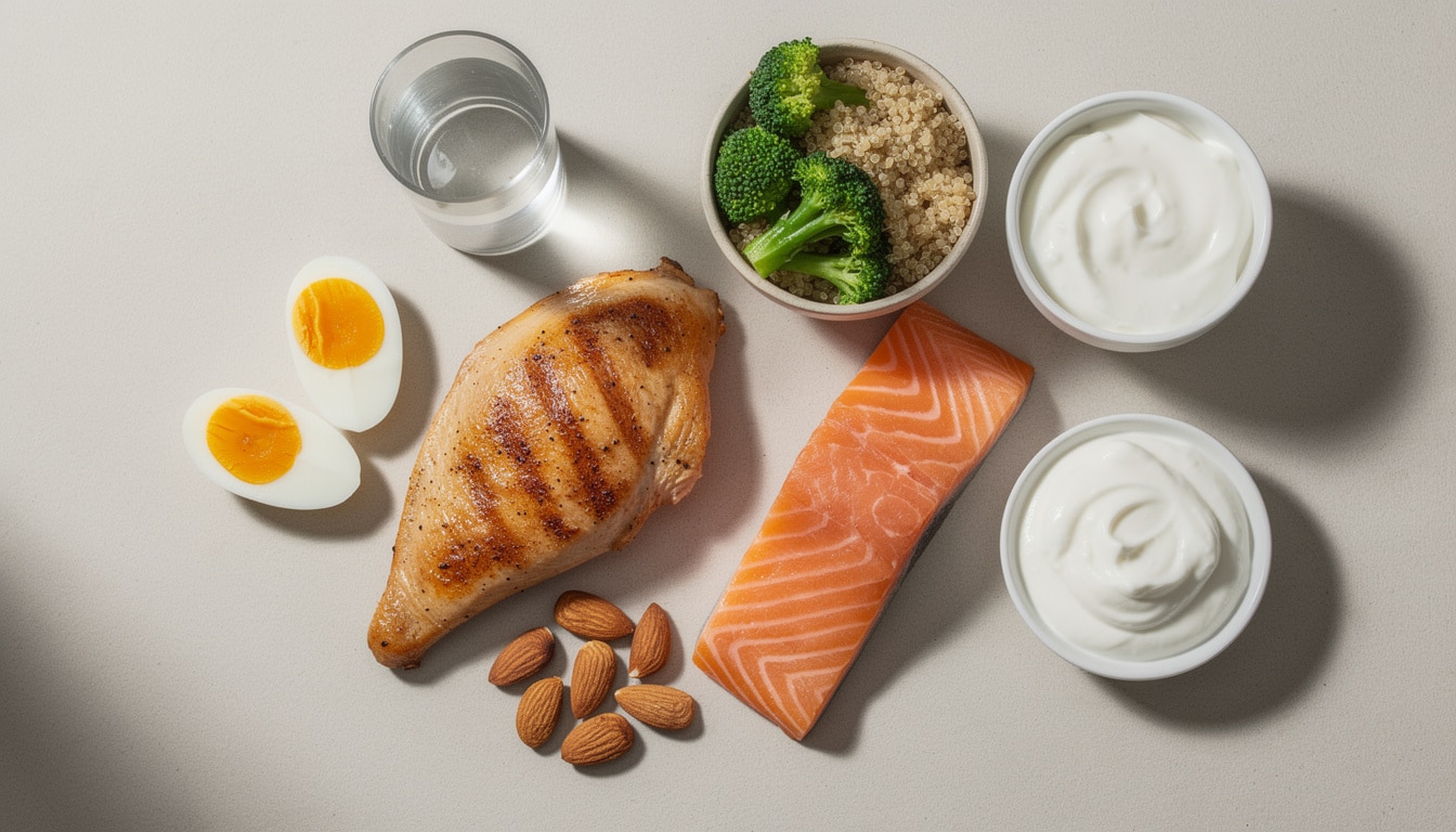Aliments hyperprotéinés : poulet, saumon, œufs, amandes, quinoa, brocoli, yaourt et eau