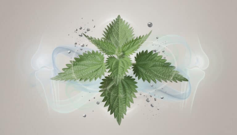 Feuilles d'ortie (Urtica dioica) en illustration digitale avec motifs géométriques et minéraux