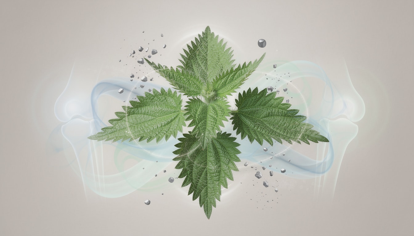 Feuilles d'ortie (Urtica dioica) en illustration digitale avec motifs géométriques et minéraux