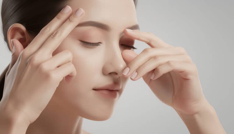 Femme pratiquant l'acupression sur son visage pour soulager une migraine