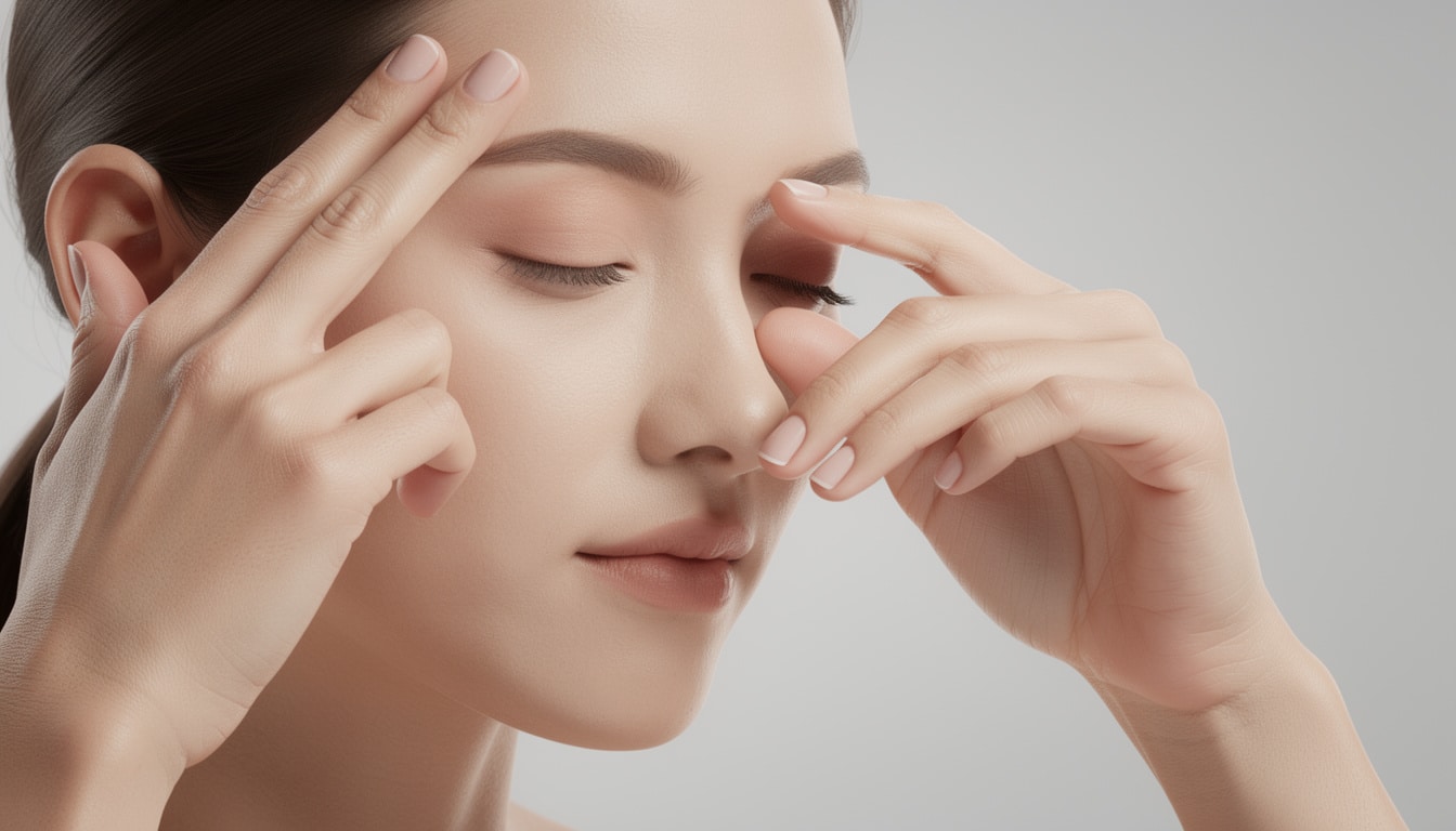 Femme pratiquant l'acupression sur son visage pour soulager une migraine