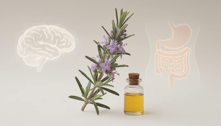 Romarin avec fleurs violettes, huile essentielle en flacon, cerveau et système digestif illustrés