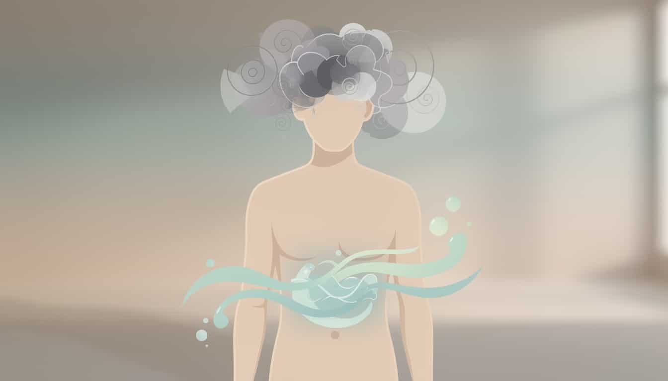 Illustration d'une femme avec des pensées nuageuses au-dessus de sa tête et des vagues turquoise au niveau de l'estomac symbolisant le stress et les nausées